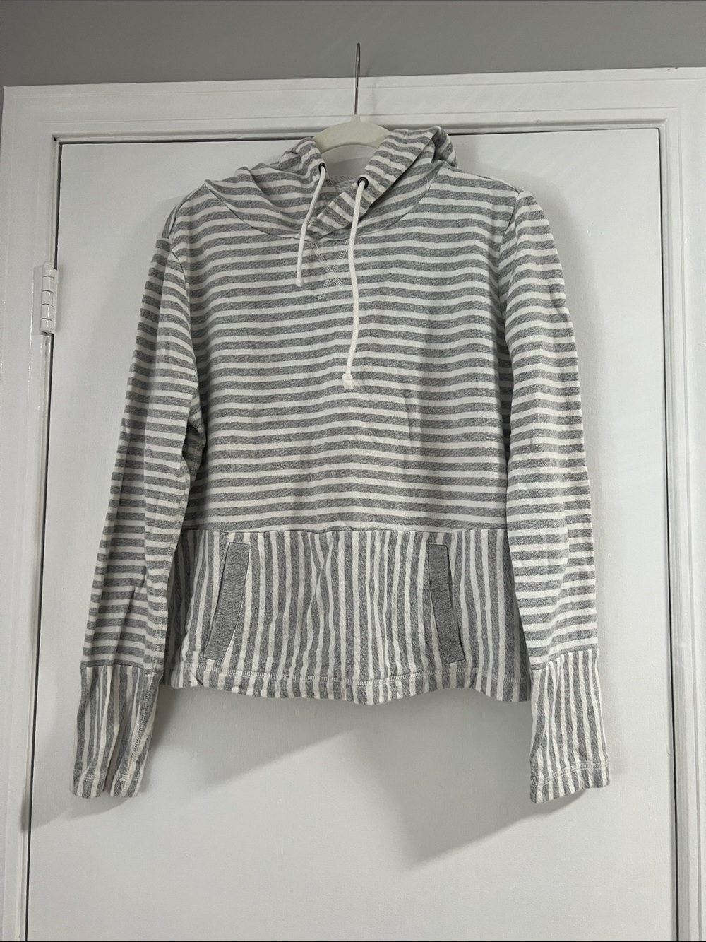 EUC J. Crew Factory Gray and White Striped Hooded Sweatshirt